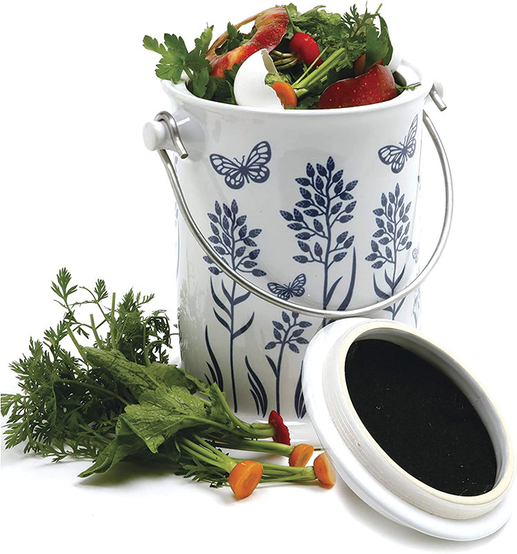 CERAMIC FLORAL BLUE/WHITE COMPOST KEEPER, 3 QUART